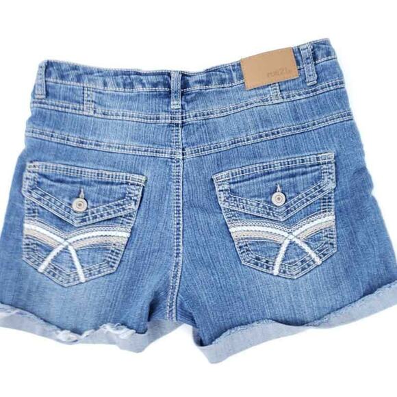 Rue 21  Blue Jean Denim Shorts Distressed Size 7/8, Cut Off Button Fly, Festival - Picture 2 of 4